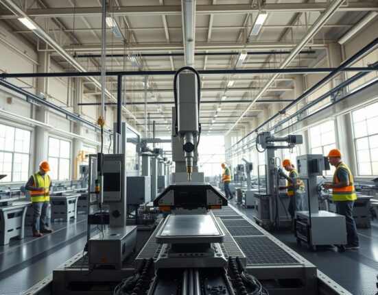 Modern factory floor with automated machinery and workers in safety gear, representing US manufacturing expansion.