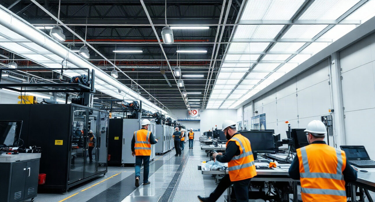 Factory floor with automated machinery and workers in safety vests under bright industrial lighting