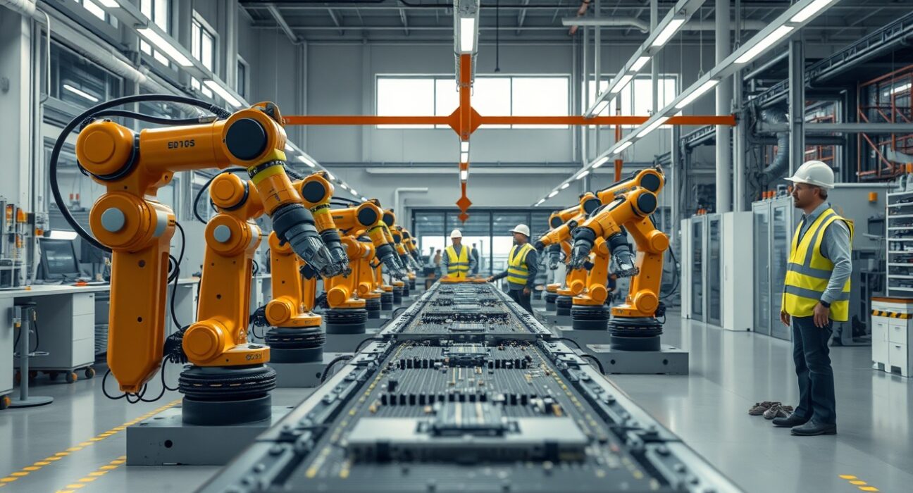 Modern US factory floor with robotic assembly arms and workers in safety gear.