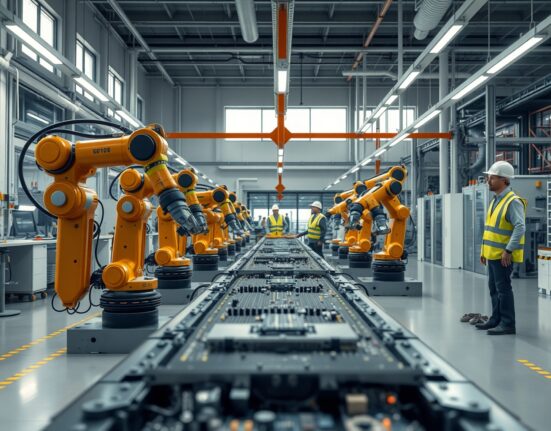 Modern US factory floor with robotic assembly arms and workers in safety gear.