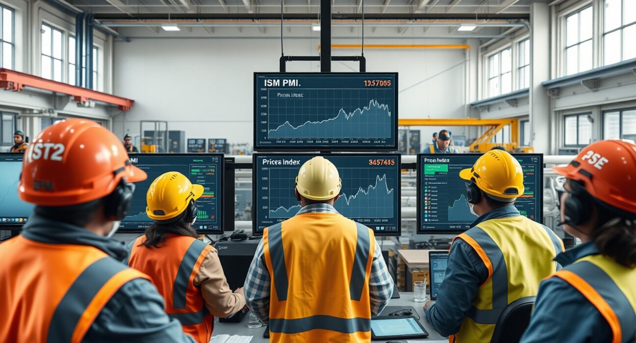 Manufacturing professionals analyzing ISM PMI and Prices Index data in industrial control room