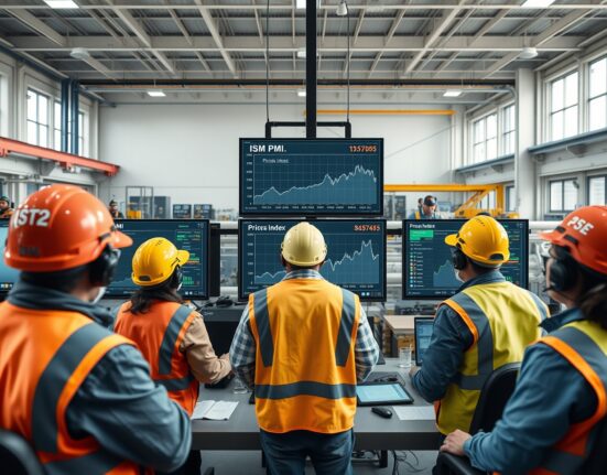 Manufacturing professionals analyzing ISM PMI and Prices Index data in industrial control room