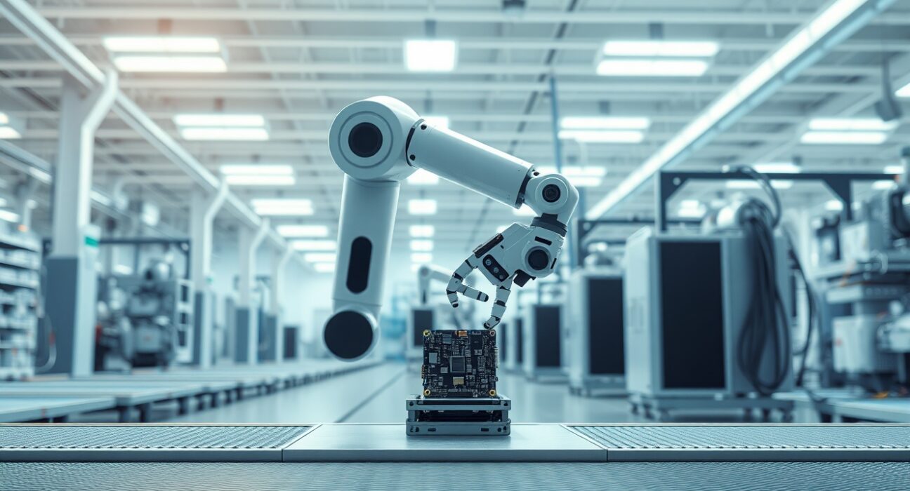 Robotic assembly in a modern factory representing stable ISM Manufacturing PMI activity for March 2025.