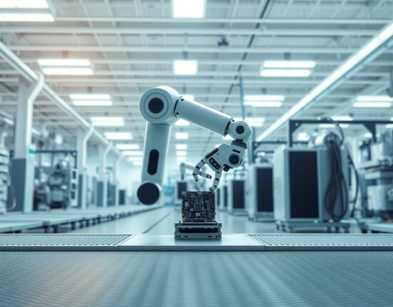 Robotic assembly in a modern factory representing stable ISM Manufacturing PMI activity for March 2025.