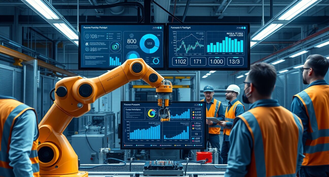 Factory floor with robotic arm and workers monitoring digital production dashboard
