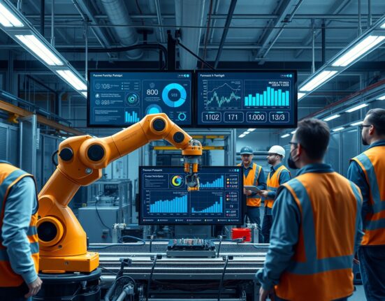 Factory floor with robotic arm and workers monitoring digital production dashboard