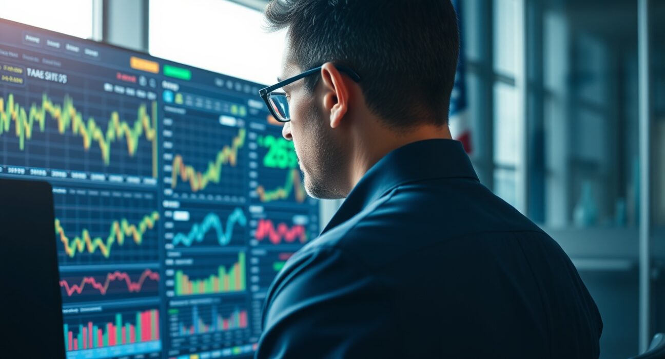 Financial analyst reviewing ISM Services PMI economic data on a large screen