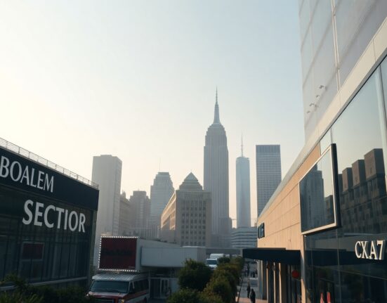 US city skyline at dawn representing the services sector economic outlook