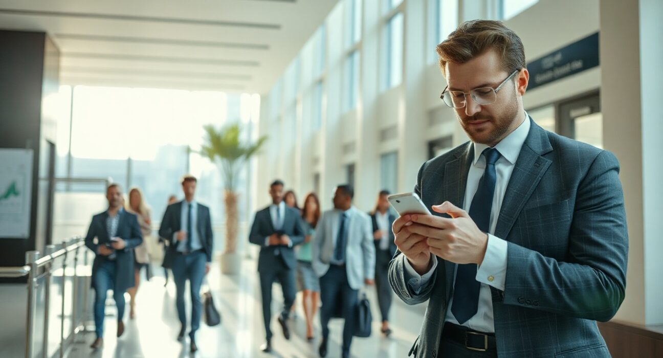 Professionals in a modern office lobby checking smartphones, representing service sector economic activity.