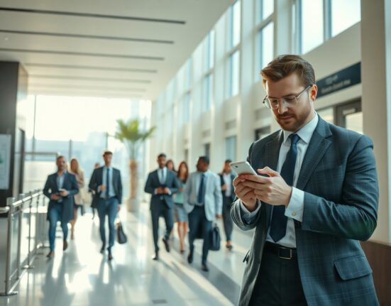 Professionals in a modern office lobby checking smartphones, representing service sector economic activity.
