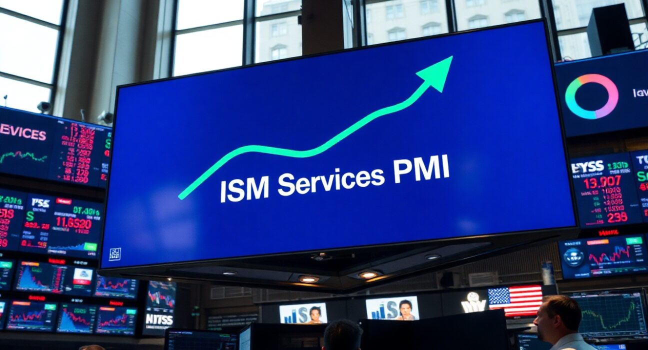Financial trading floor with a digital display showing ISM Services PMI data and US Dollar symbol.