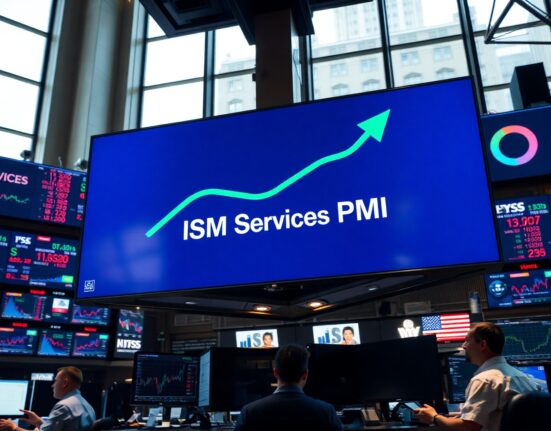 Financial trading floor with a digital display showing ISM Services PMI data and US Dollar symbol.