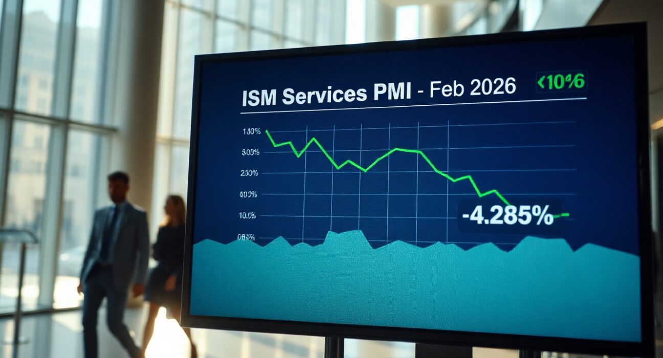 Digital display showing declining ISM Services PMI chart in a modern office lobby