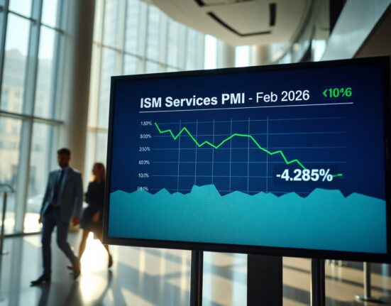 Digital display showing declining ISM Services PMI chart in a modern office lobby