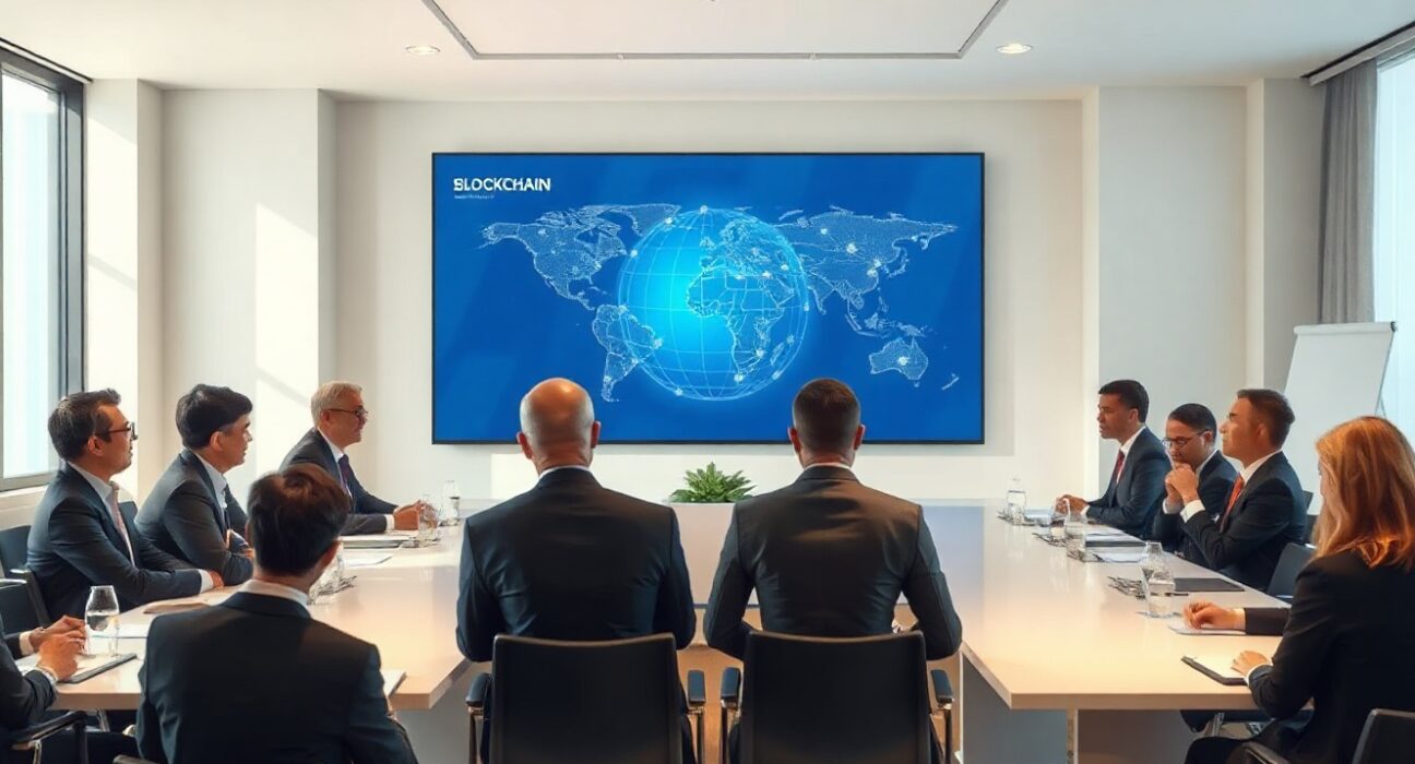 International delegates at a meeting discussing blockchain standards, with a global network display in the background.