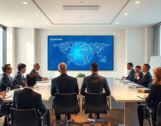 International delegates at a meeting discussing blockchain standards, with a global network display in the background.