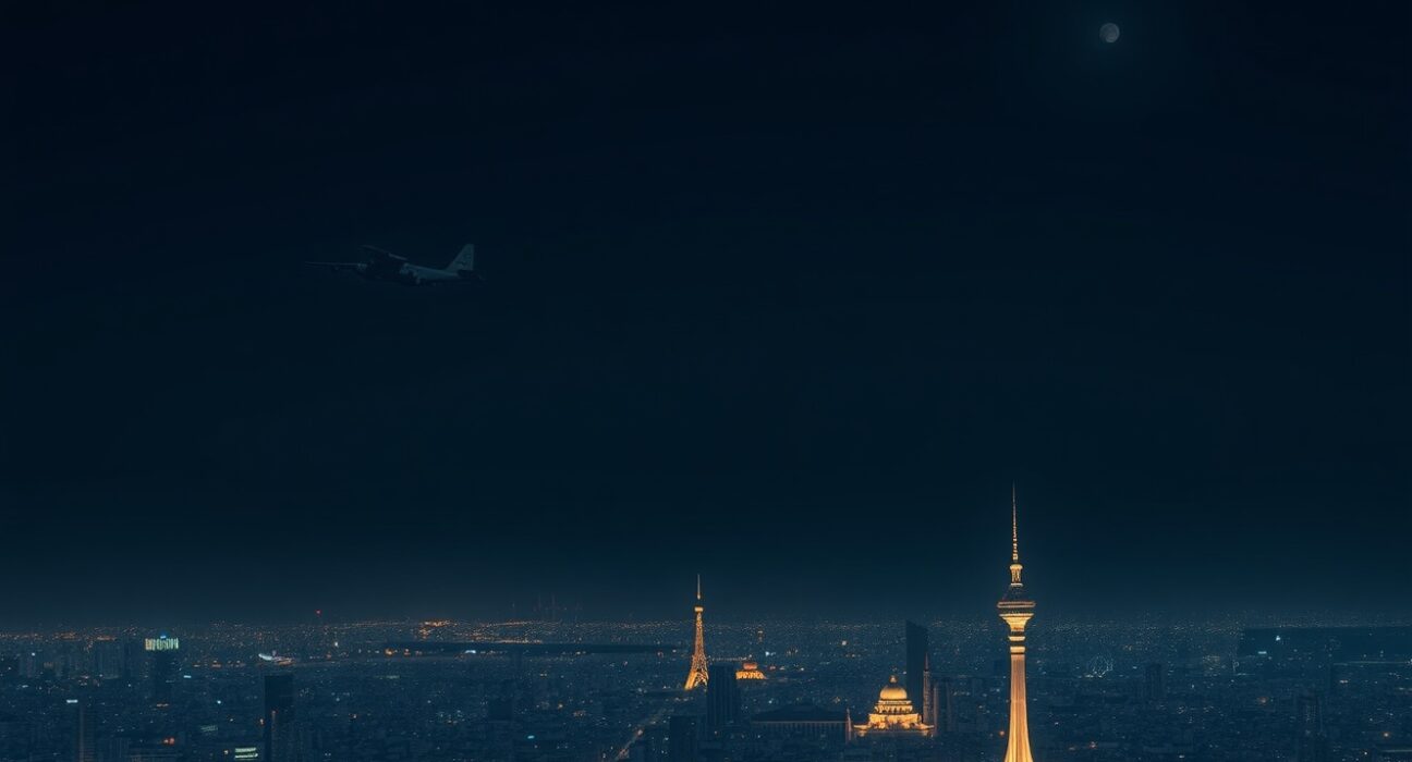 Illustration of Israeli airstrikes over Tehran at night, depicting escalating Middle East conflict.