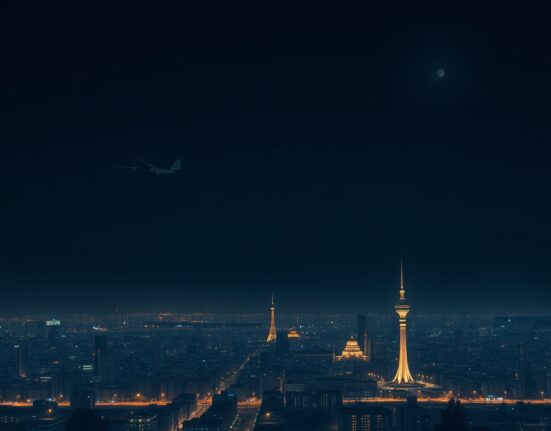 Illustration of Israeli airstrikes over Tehran at night, depicting escalating Middle East conflict.