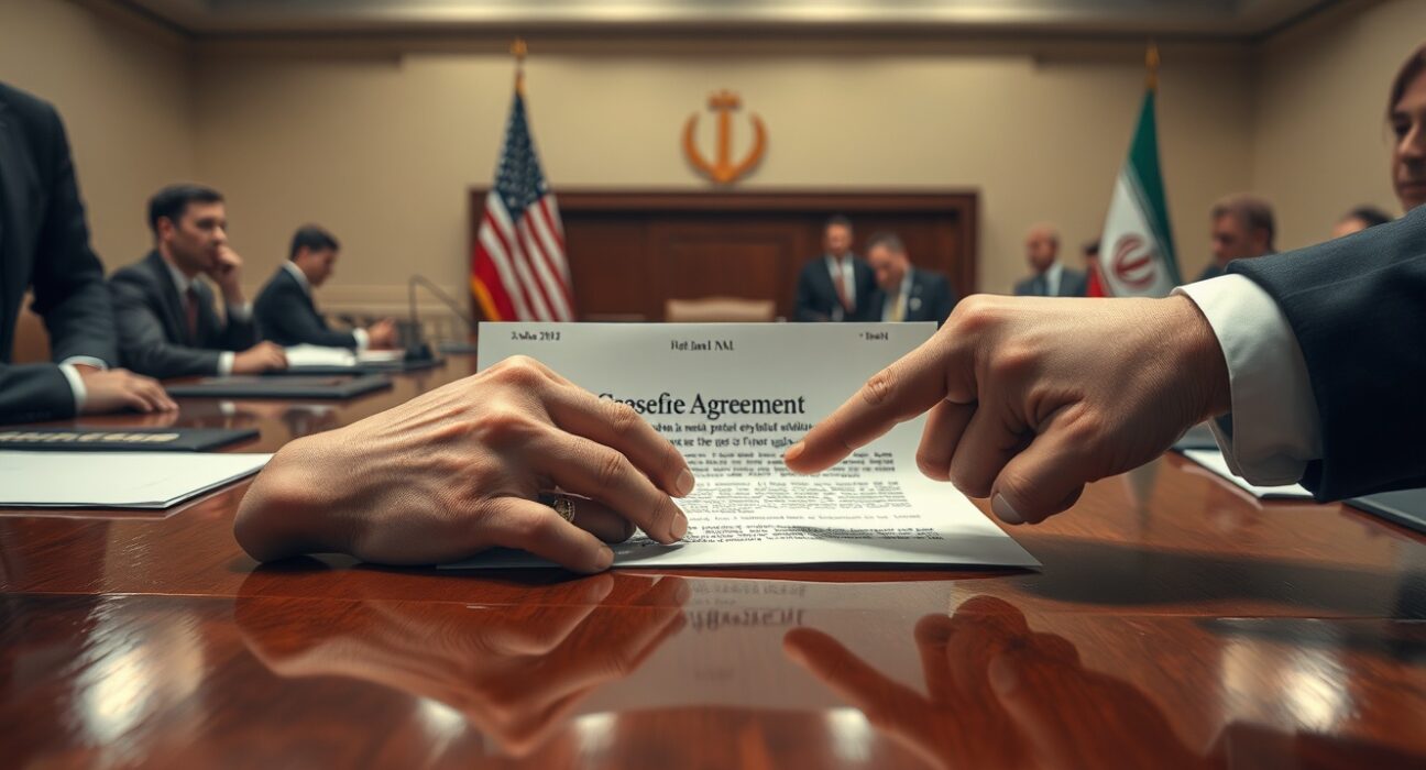 Tense diplomatic moment over U.S.-Iran ceasefire agreement document, representing Israeli concerns.
