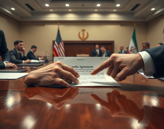 Tense diplomatic moment over U.S.-Iran ceasefire agreement document, representing Israeli concerns.