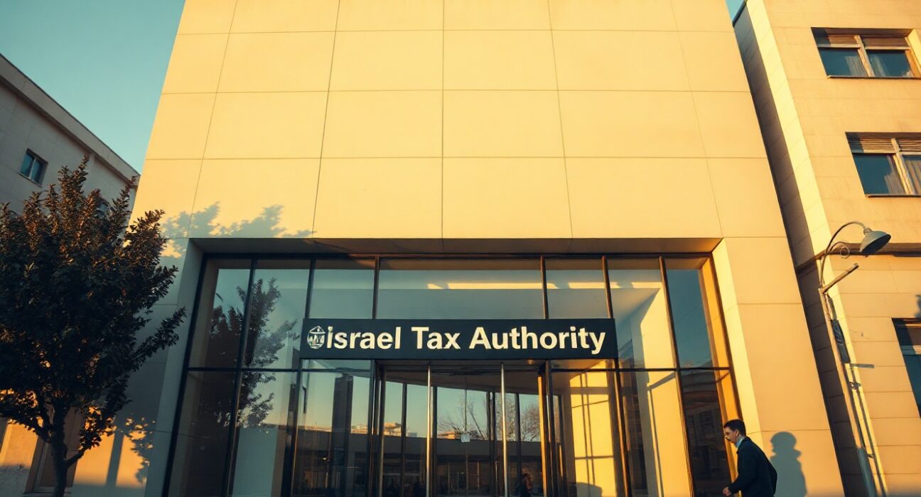 Exterior of Israel Tax Authority office building in Tel Aviv during golden hour