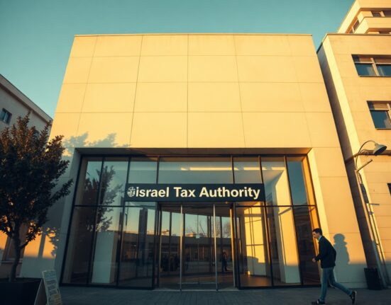 Exterior of Israel Tax Authority office building in Tel Aviv during golden hour