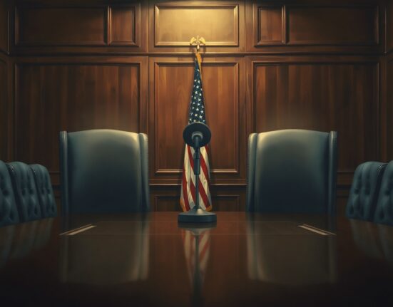 Empty chairs in a diplomatic meeting room, symbolizing the unresolved US-Iran nuclear deal and Israel's denial.