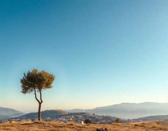 Dawn skyline over a quiet Lebanese village after the Israel-Hezbollah ceasefire agreement