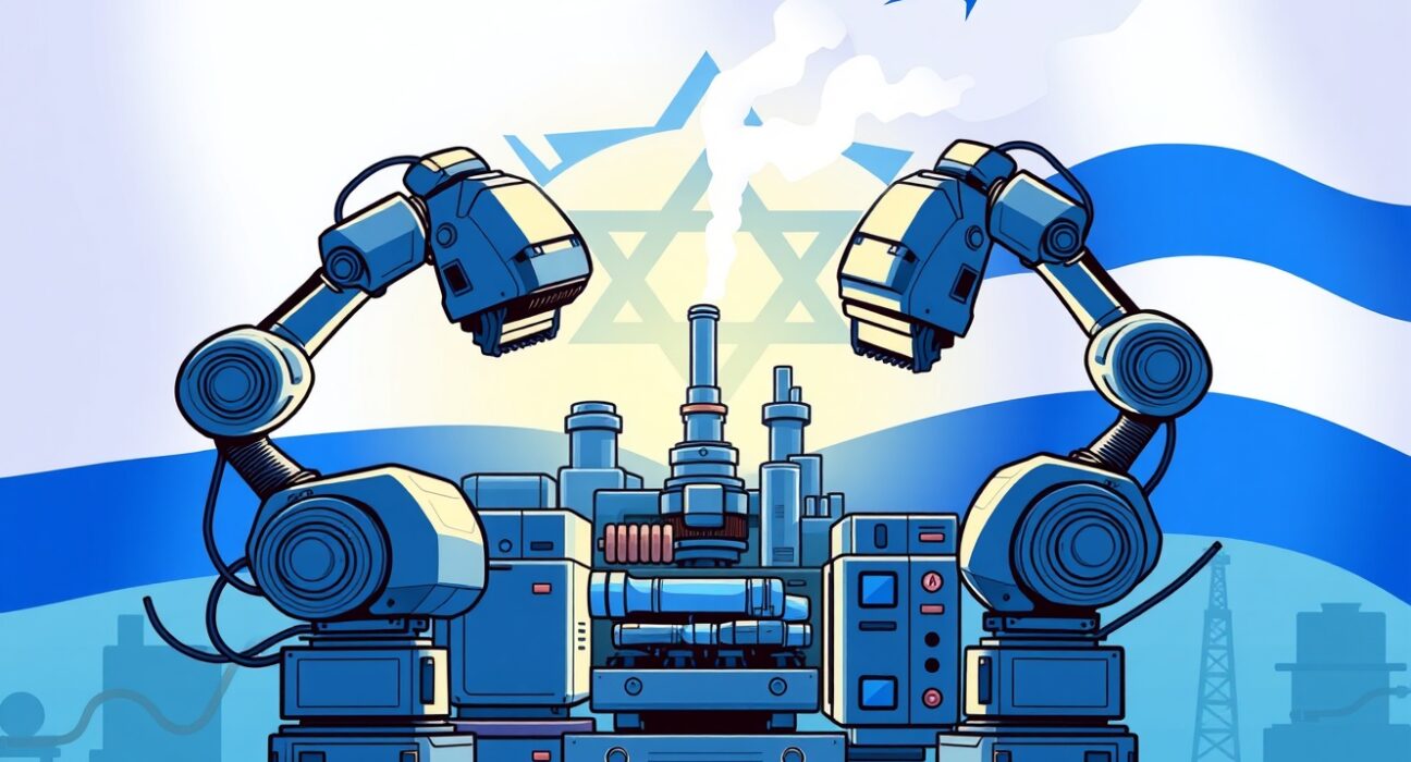 A cartoon illustration showing the establishment of Israel's independent arms industry, symbolizing self-reliance and innovation in defense.