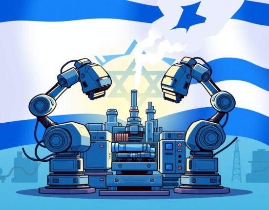 A cartoon illustration showing the establishment of Israel's independent arms industry, symbolizing self-reliance and innovation in defense.