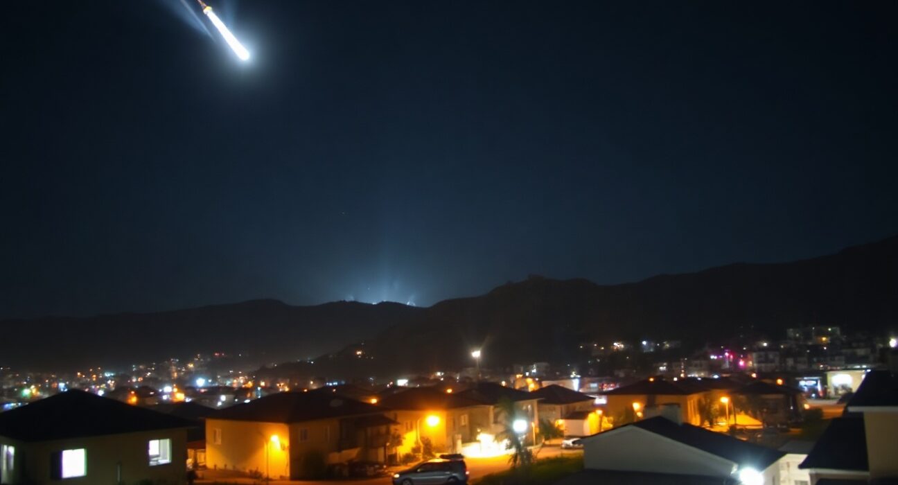 Night sky over a city with an interceptor missile streaking upward toward a distant explosion