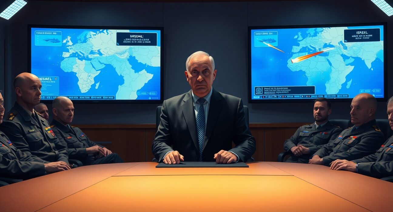 Israeli Defense Minister Israel Katz in a military briefing room, signaling readiness for a potential war with Iran.