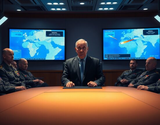 Israeli Defense Minister Israel Katz in a military briefing room, signaling readiness for a potential war with Iran.