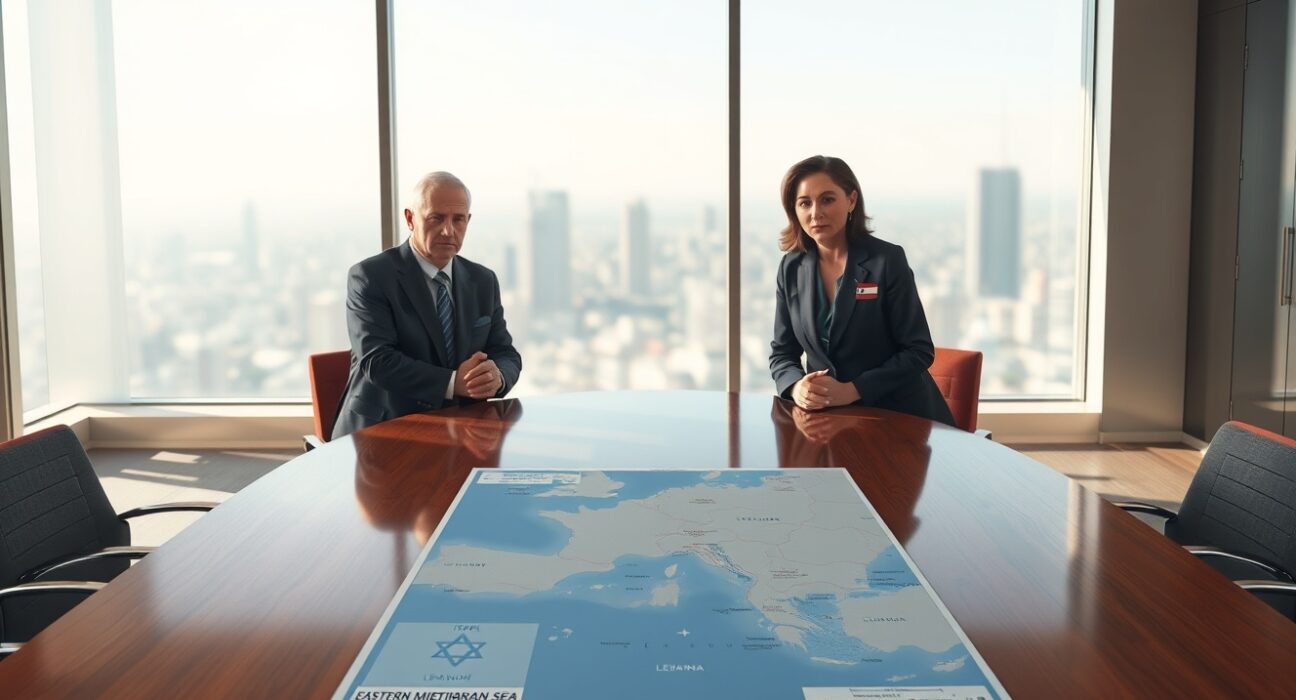 Israeli and Lebanese diplomats negotiating maritime border disputes at a conference table with a map.