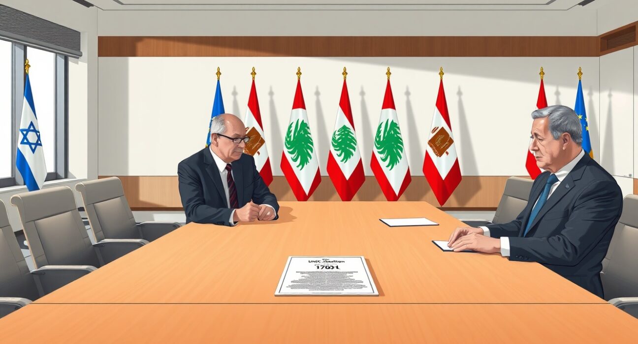 Israeli and Lebanese diplomats discussing Hezbollah disarmament and UN Resolution 1701 at a formal meeting.