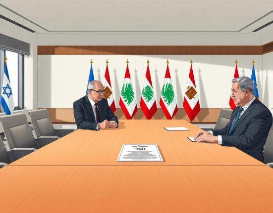 Israeli and Lebanese diplomats discussing Hezbollah disarmament and UN Resolution 1701 at a formal meeting.