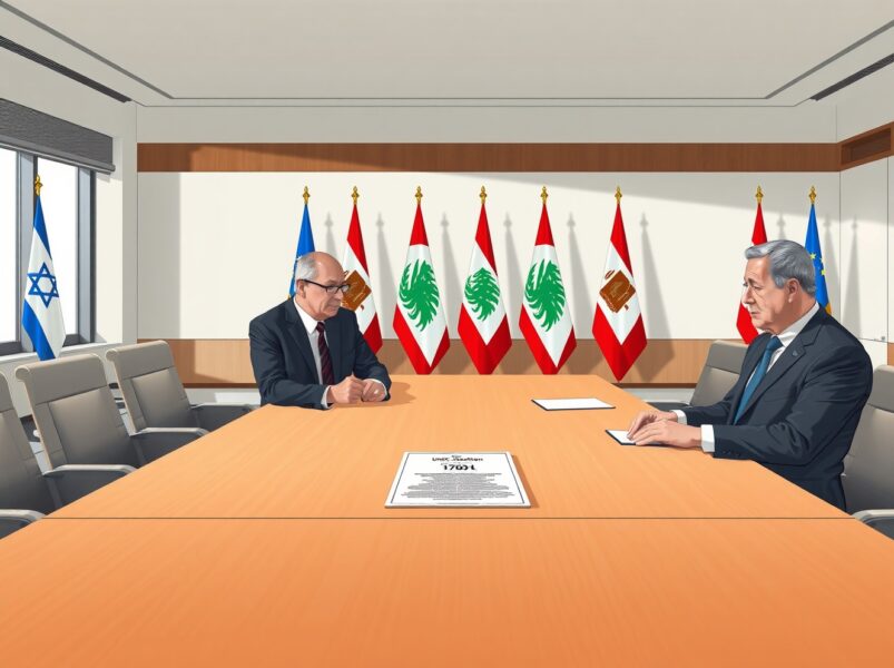 Israeli and Lebanese diplomats discussing Hezbollah disarmament and UN Resolution 1701 at a formal meeting.