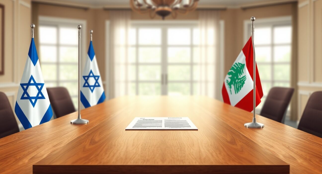 Israel and Lebanon flags on a table symbolizing a limited agreement between the two countries.