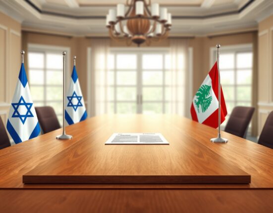 Israel and Lebanon flags on a table symbolizing a limited agreement between the two countries.