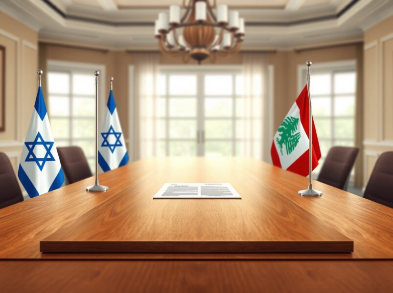 Israel and Lebanon flags on a table symbolizing a limited agreement between the two countries.