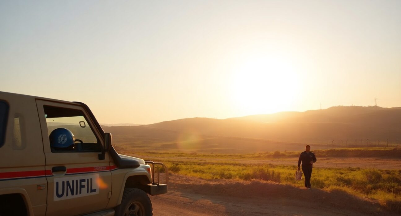 UN peacekeeping vehicle on a road near the Israel-Lebanon border at sunrise, symbolizing the renewed ceasefire agreement.