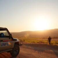 UN peacekeeping vehicle on a road near the Israel-Lebanon border at sunrise, symbolizing the renewed ceasefire agreement.