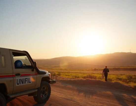 UN peacekeeping vehicle on a road near the Israel-Lebanon border at sunrise, symbolizing the renewed ceasefire agreement.