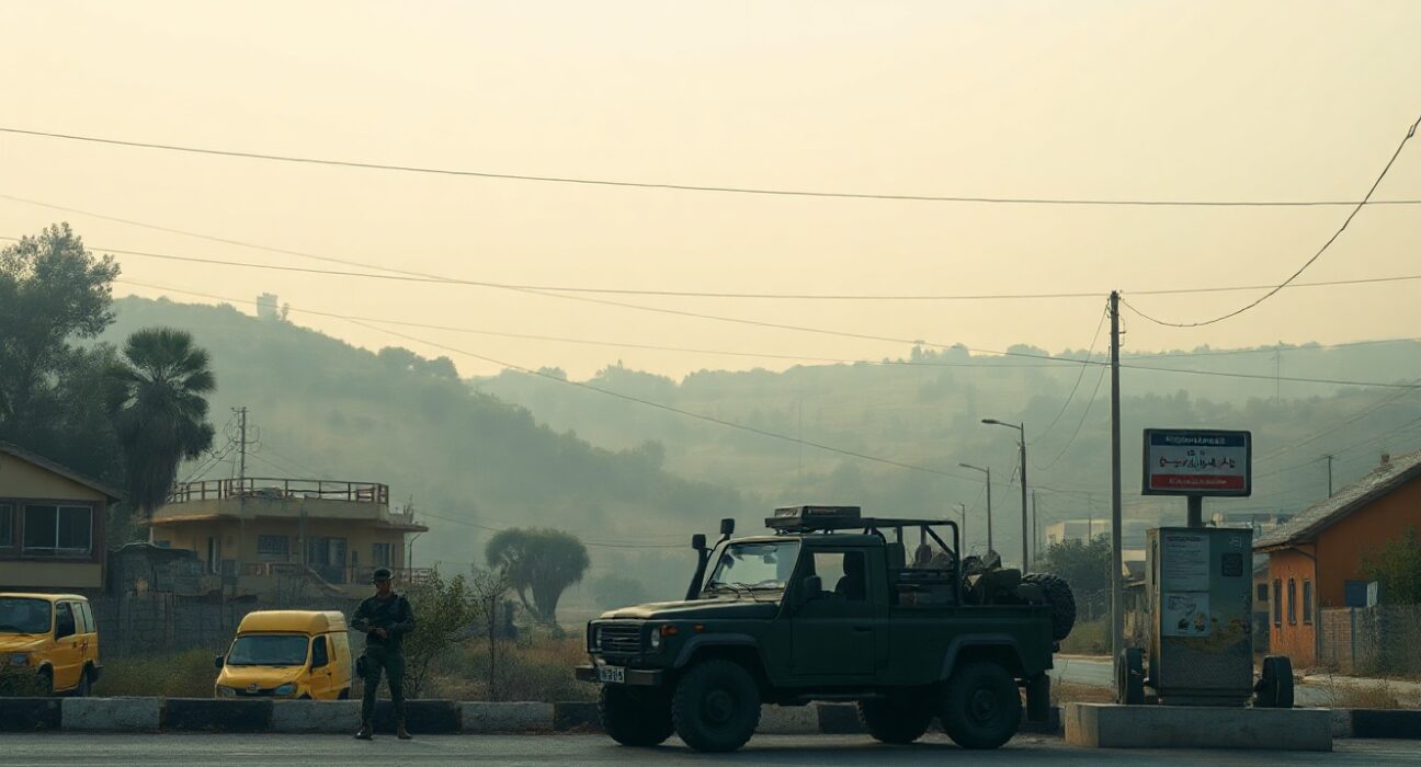 Lebanese army checkpoint near the Israel border on a hazy morning after ceasefire announcement