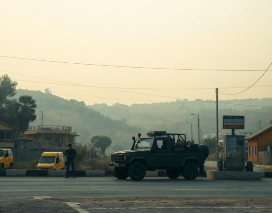 Lebanese army checkpoint near the Israel border on a hazy morning after ceasefire announcement