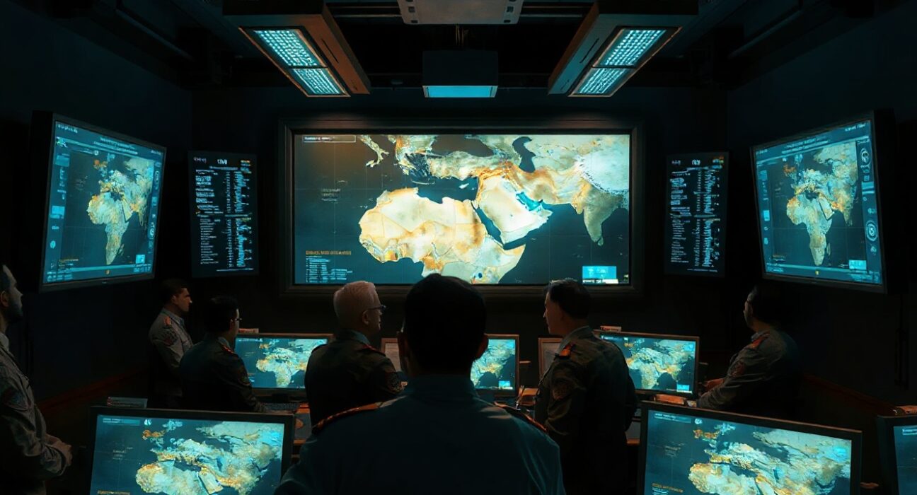 A military command center with officers analyzing a map of the Middle East during a strategic briefing.