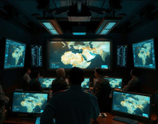 A military command center with officers analyzing a map of the Middle East during a strategic briefing.