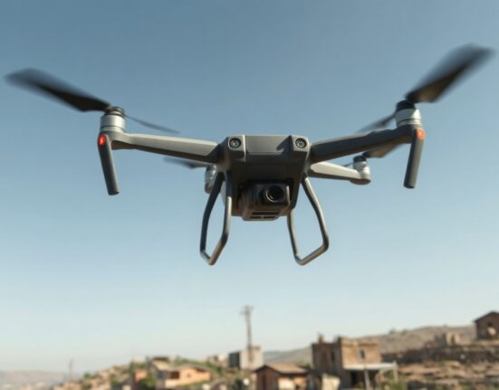 Drone flying over a village in southern Lebanon during a military strike