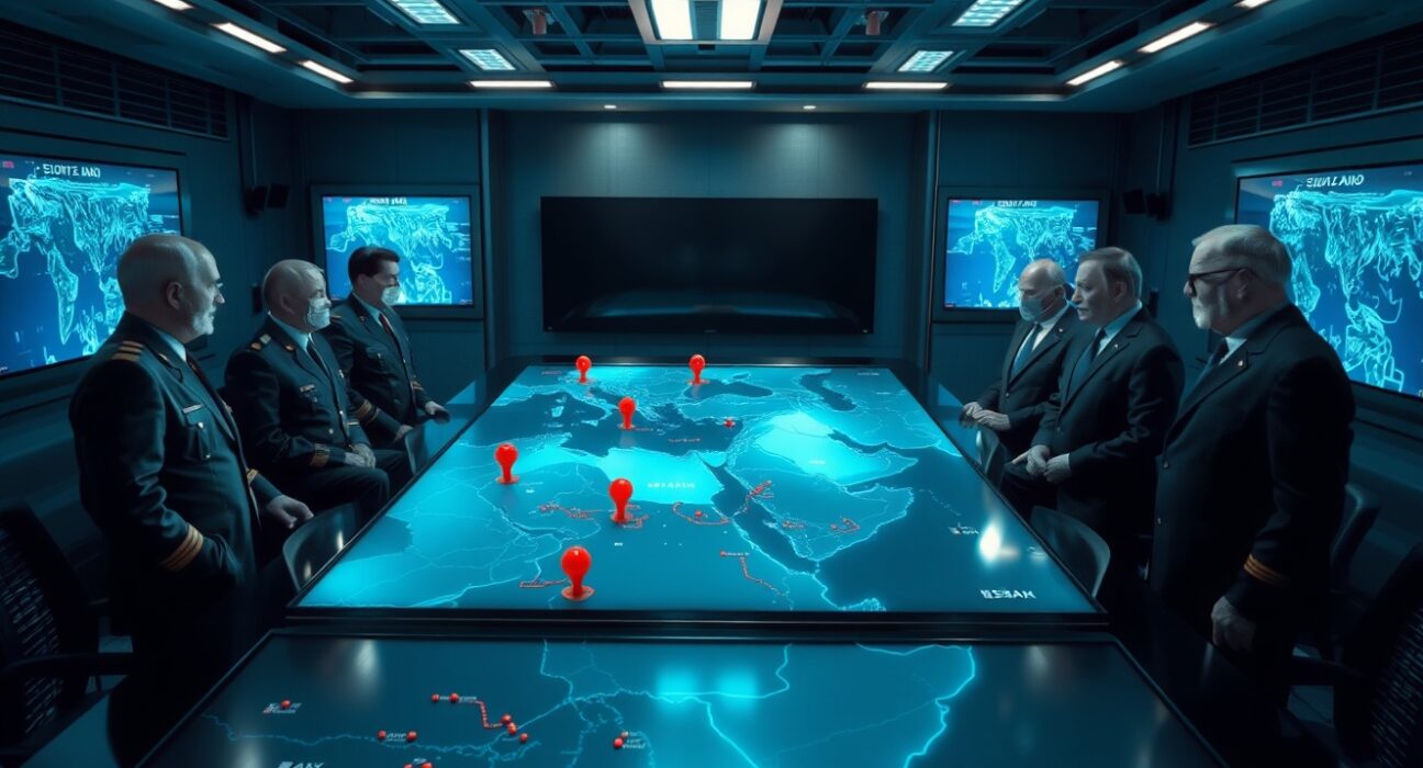 Senior Israeli officials in a military briefing room reviewing a digital map of the Middle East for potential operations against Iran.