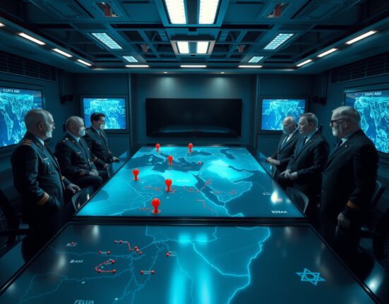Senior Israeli officials in a military briefing room reviewing a digital map of the Middle East for potential operations against Iran.